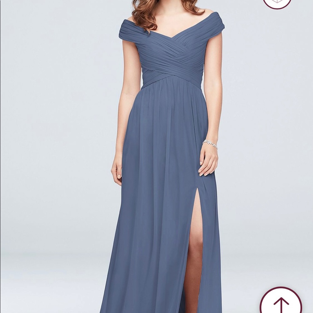 CRISSCROSS OFF-THE-SHOULDER MESH BRIDESMAID DRESS